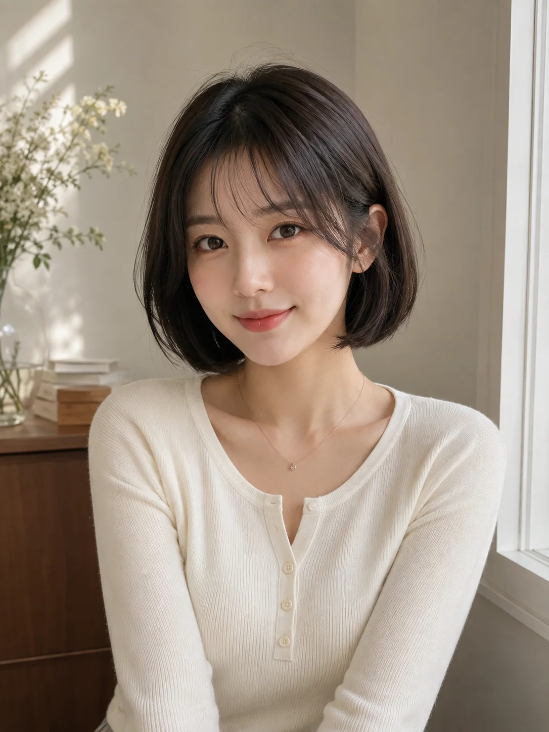 긴 검은 머리와 밝은 상의를 입은 여성의 자연스러운 원본 셀카 사진